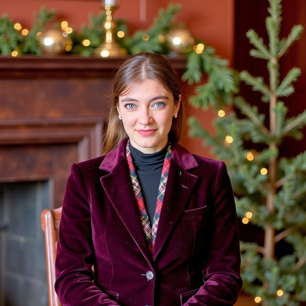A poised woman seated ¾ to camera, head slightly tilted, soft smile. Hairstyle: sleek low chignon with a few face-framing strands. Attire: jewel-tone velvet blazer with peak lapels over a fine-gauge cashmere turtleneck; subtle tartan scarf tucked at the neck; small pearl studs. Fabric details: visible velvet pile, crisp wool twill in the scarf. Camera: eye-level, 85mm portrait, f/1.8 for creamy bokeh. Lighting: warm key from fireplace + gentle fill; candle bokeh highlights; slight rim from a hidden practical lamp. Background: mahogany-paneled library, brass candlesticks, crystal ornaments, evergreen garland—tastefully blurred, minimal clutter. Pose: relaxed shoulders, hands out of frame. Color mood: rich jewel tones, warm brass. Render: highly detailed, highly realistic, HDR; skin texture natural; minimal retouching.