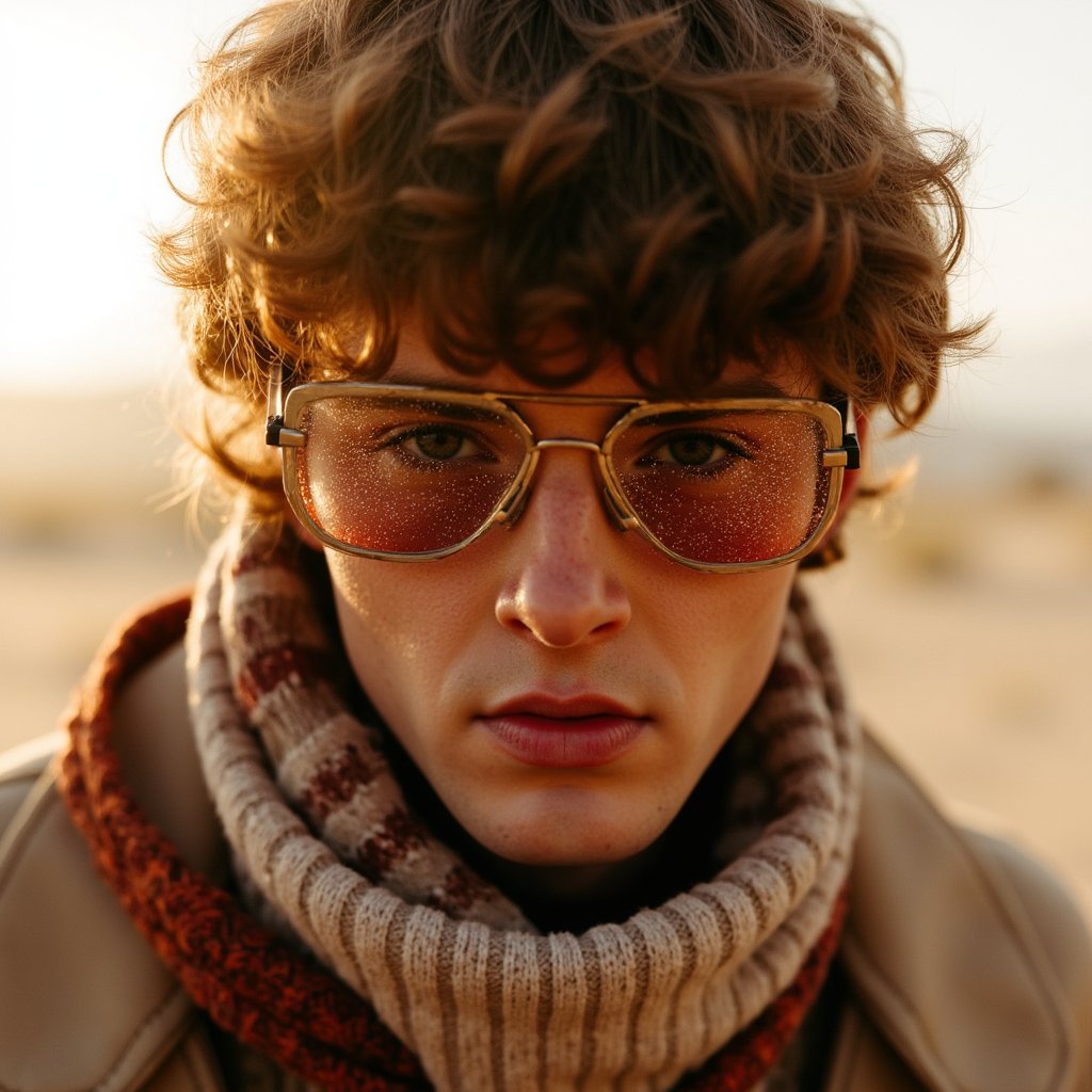 Portrait of a desert festival-goer at Burning Man 2025, reflective goggles, dust-covered scarf, windblown hair, golden hour desert lighting