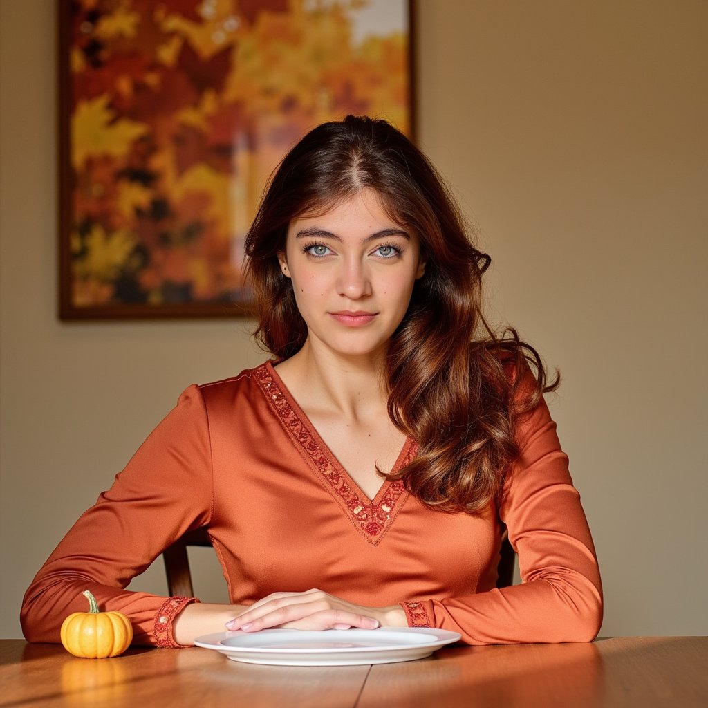 Highly detailed, highly realistic HDR image of a young woman (female, African-American, about 28 years old) seated at a wooden dining table. Waist-up framing at a slight three-quarter angle (camera slightly above eye level, looking down ~10°) so you see her face and upper torso. She wears a rich burnt-orange satin blouse with subtle sheen and delicate embroidery around the neckline, sleeves softly ruched; her hair is styled in shoulder-length loose curls, warm honey-brown highlights catching the light. Soft golden light from a nearby window to her right casts gentle shadows on the left side of her face; background is blurred (bokeh) with warm tones of autumn leaves on the out-of-focus background wall décor, minimal clutter. On the table in front of her is a single small pumpkin-shaped gourd and an elegant white ceramic plate (just peeking into frame). Facial details: faint freckles across her cheeks, natural light makeup with a soft rose-tone lip, long natural lashes, and subtle glint in her dark brown eyes. The blouse fabric shows fine threads, slight folds at the elbows, the satin texture catching the light. Background: warm beige wall, one out-of-focus framed print of autumn foliage, neutral and uncluttered. The image conveys calm gratitude and warmth.