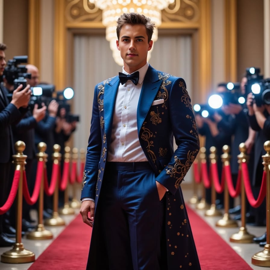 A realistic Met Gala portrait with futuristic fashion concept, luxury staircase backdrop, rim lighting and glowing elements, captured in a high-gloss, stylized editorial format