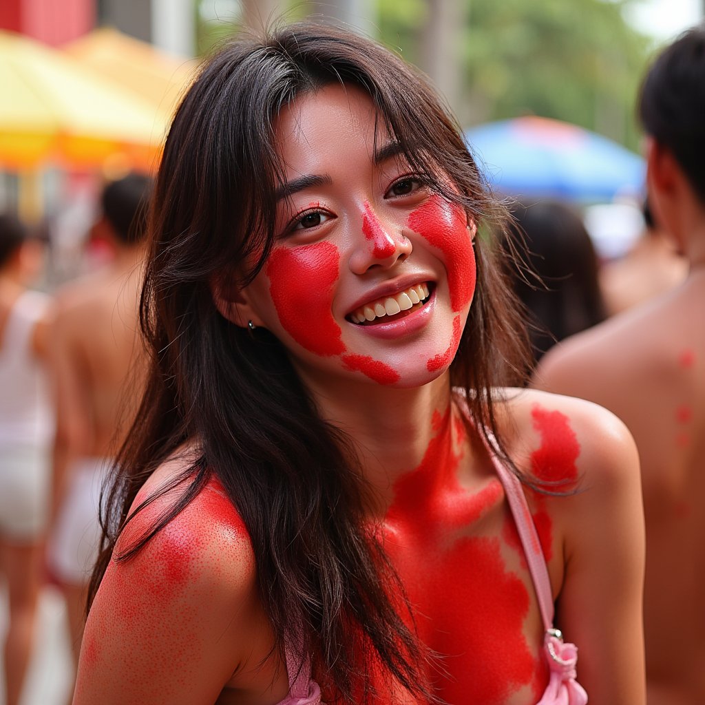 woman with a joyful, free-spirited expression, her face and clothing covered in bursts of tomato red. Her presence feels expressive and radiant, with sunlight adding warmth and clarity to every detail. The background is softly blurred, with hints of festive color in the air. Lighting is clean and natural, capturing glistening wet textures and rich saturation. Hyper-detailed, sharp focus, bold colors, lively emotion.