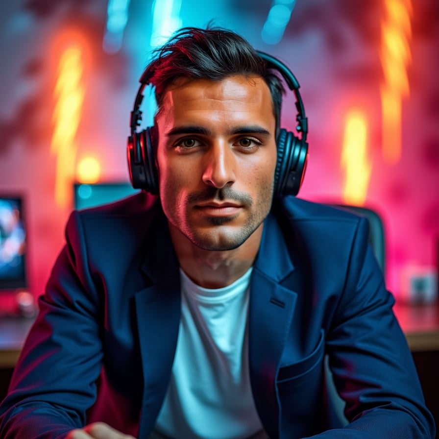 Generate a high-energy headshot of a man styled as an entertainer or gamer. He is wearing a headset or colorful attire, with an over-the-top excited expression. The background is vibrant, with explosive patterns or lightning bolts to match his content's lively theme