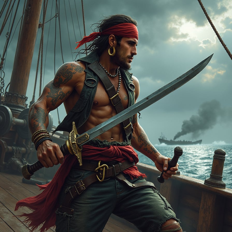 man in rugged pirate attire, wielding a sword with intensity, standing on the deck of a pirate ship amidst a chaotic battle scene, with cannons and rigging in the background, under a dark and stormy sky