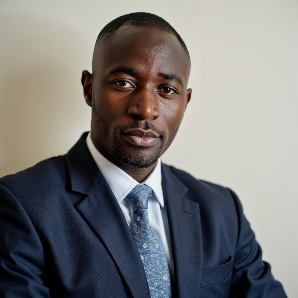 A highly detailed, professional passport photo of a middle-aged man, captured in a close-up shot. He is wearing a well-fitted dark blue suit, with a white dress shirt underneath, and a subtle, patterned tie. The lighting is soft and evenly diffused to create a smooth, flattering look on the skin. The background is a solid, neutral off-white color, with a very subtle gradient effect, maintaining a clean, minimalistic aesthetic. The subject has short, neatly combed black hair with slight graying at the temples, and a clean-shaven face. The camera angle is straight at eye level, with the subject’s head slightly tilted upwards, creating a confident yet neutral expression. The background has a very slight blur to maintain focus on the subject, with no distractions. The image is captured in HDR to capture every minute detail of the face and fabric texture.