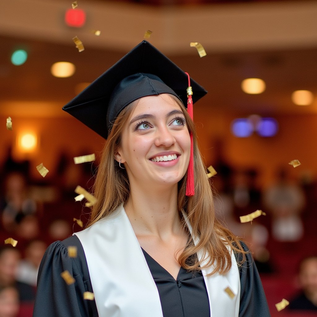 Tight headshot of a woman graduate looking slightly up toward drifting gold confetti, expression joyful but poised (no movement captured mid-gesture); wearing a matte black gown, white satin stole, mortarboard flat; hair in a polished low twist, smooth edges; camera at eye level, 135 mm lens, f/2.2; lighting: large diffused key light from front-left with a faint hair rim light; background: softly blurred warm backdrop with bokeh reflections from scattered confetti lights; every confetti piece slightly defocused except the few near her shoulders; textures crisp on fabric fibers, tassel threads, and skin pores; colors rich yet balanced, highly detailed, highly realistic, HDR.