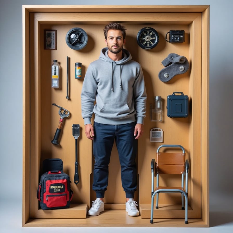 Man in joggers and hoodie, standing next to a lawn chair, toolbox, and pet figure. 
