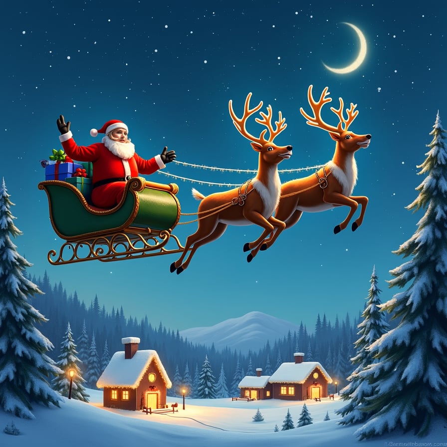Santa’s sleigh soaring across a starry night sky, pulled by majestic reindeer with glowing harnesses. Below, a serene snowy village with twinkling lights, and in the distance, tall pine trees covered in snow.


