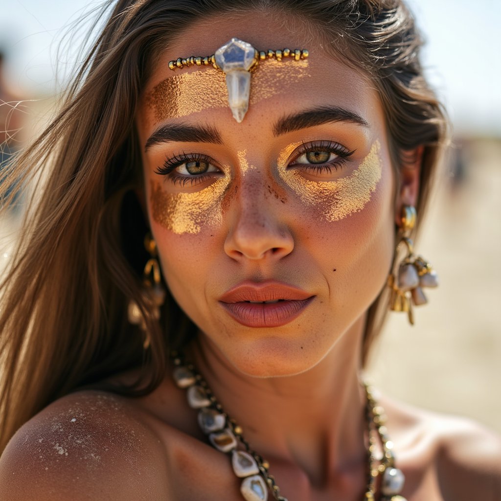 Close-up of a reflective, dust-covered face with crystalline forehead ornament, golden light across cheekbones, captured in the stillness of Burning Man 2025