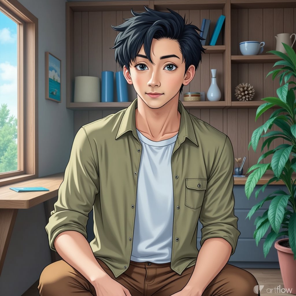 Medium to wide angle shot of a man, casual pose, organic camera perspective. Styled in Studio Ghibli’s signature anime look with soft colors, painterly details, and subtle facial expressions. The overall vibe is cozy, storybook-like, and reminiscent of classic animated films.