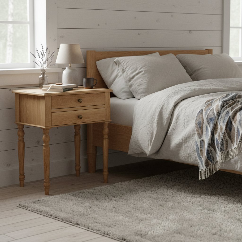 superimpose this bedside table into a rustic scandinavian cottage bedroom beside the bed