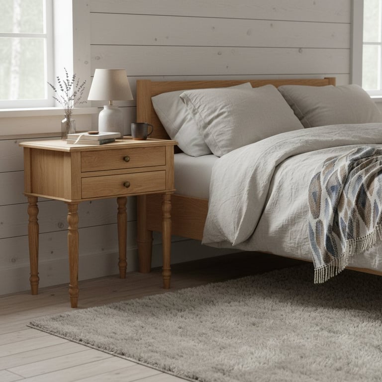 superimpose this bedside table into a rustic scandinavian cottage bedroom beside