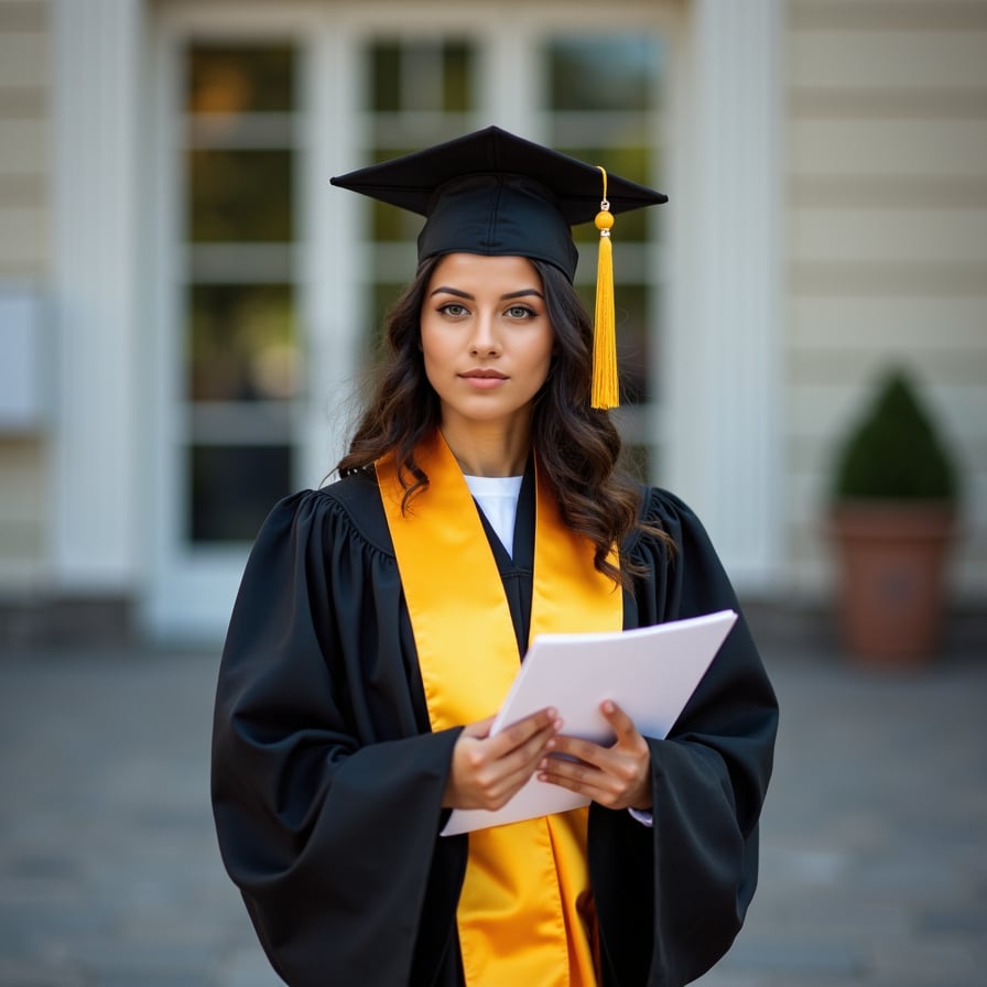 Graduate woman, academic regalia, celebrating achievement and mentorship.
