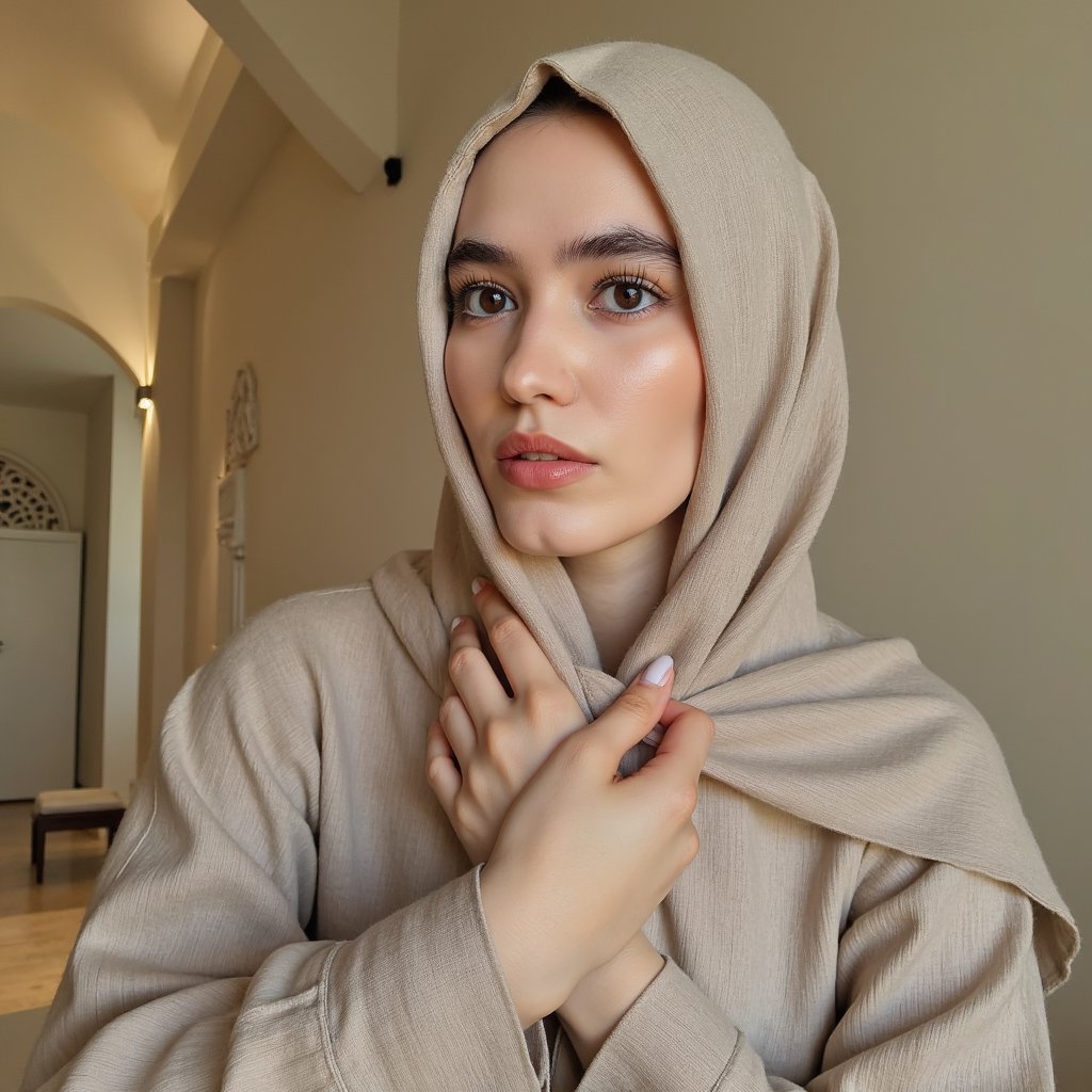 woman in a modest, graceful look, with her hair respectfully covered in a soft draped fabric. She is photographed in a warm, serene setting with soft lighting and gentle shadows that enhance her peaceful expression. The background features minimal Islamic design accents, softly blurred. Her appearance radiates quiet reverence and dignity. Hyper-detailed, soft tones, respectful styling, spiritual calm.