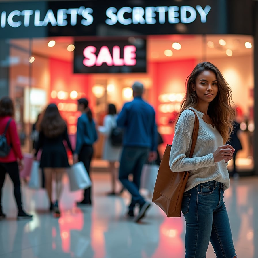 A collage of different shopping-themed images with a bold, eye-catching sale graphic overlay, including a blurred Victoria's Secret store background and a 'Sale' sign