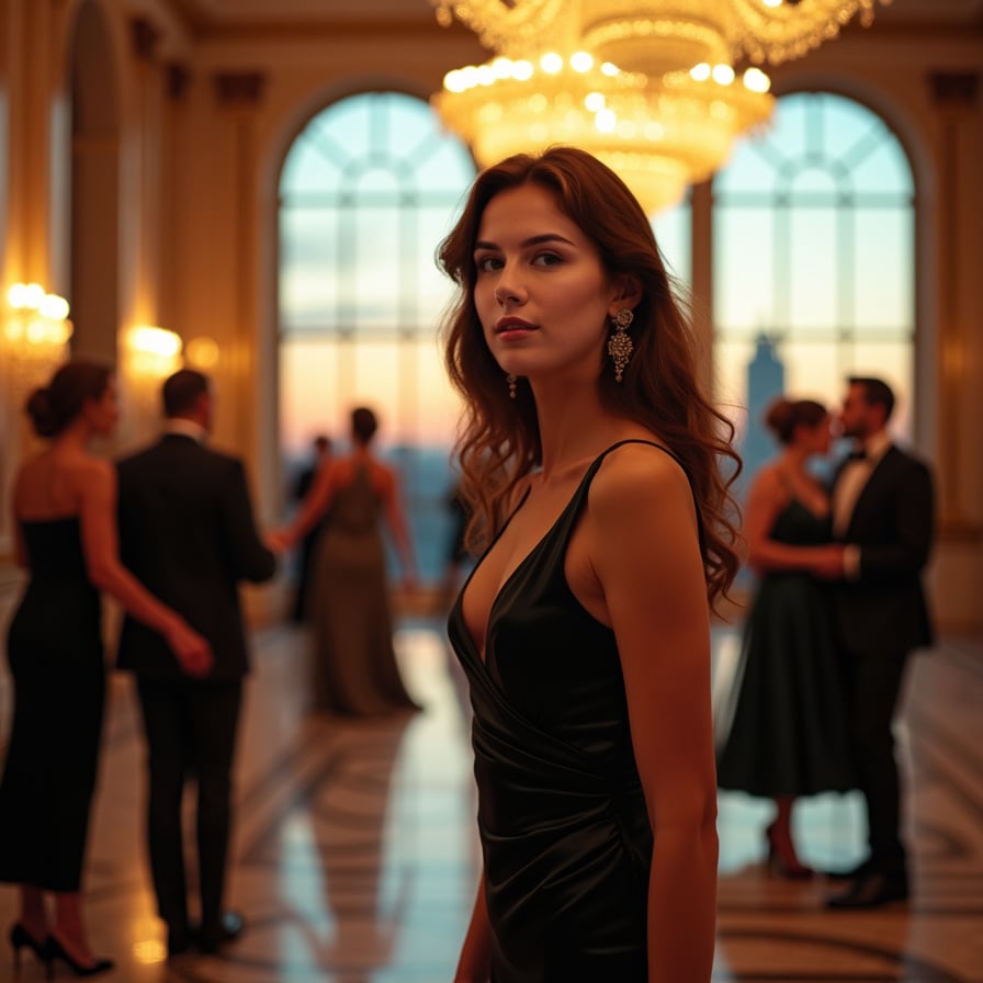 A woman in a sleek, dark gown stands in the center of a grand ballroom. The chandeliers above cast a soft, golden light on her as she faces the camera with a confident, enigmatic expression. Her lipstick is a deep crimson, and her jewelry sparkles subtly in the light. Around her, elegantly dressed guests dance or engage in conversation, but they are all slightly out of focus, putting the emphasis on her. The scene evokes luxury, intrigue, and suspense, like a moment from a classic espionage thriller