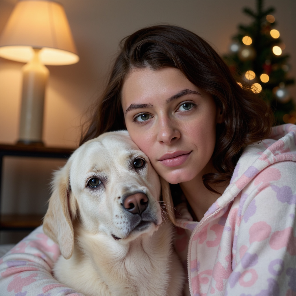 Gender: Female

Pose: Close-up with her pet dog, both looking relaxed.

Attire: 