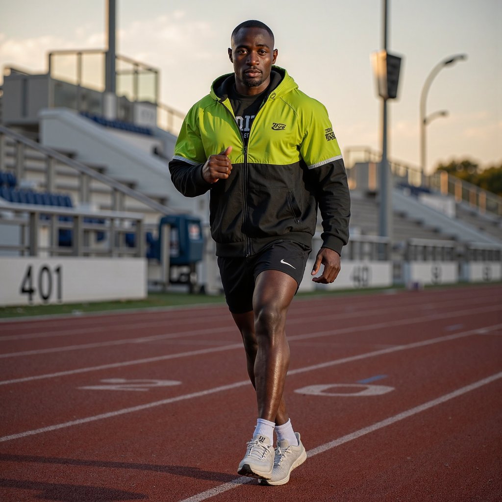 Man sprinting on a red tartan track at sunrise, breath visible in cool air; short fade haircut, slight stubble, intense forward focus; neon windbreaker half-unzipped over a compression tee, running tights layered with lightweight split shorts, knit mesh running shoes; dynamic panning shot at hip height to emphasize speed, 50mm, f/2.8, 1/60, ISO 200 with controlled subject sharpness and motion-blurred background; golden hour backlight with warm rim on shoulders and cool ambient fill from the sky; stadium bleachers and lane numbers softly blurred, minimal clutter; fabric wrinkles and reflective piping on windbreaker clearly rendered; highly detailed, highly realistic, HDR
