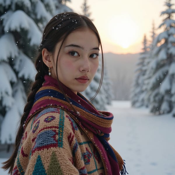 “female portrait, waist-up shot inspired by Bollywood scenes filmed in Kashmir, blending tradition with modern winter fashion.
Camera at eye level, capturing her serene expression as she looks to the right, soft breath visible in cold air.
She wears a richly textured winter phiran-style coat with embroidered patterns, layered with a long colorful woven scarf draped loosely around her neck, fringes and fabric threads sharply detailed.
Her hair is parted neatly, braided to one side with small snowflakes caught along the braid.
Background: snow-covered chinar trees softly blurred, warm sun diffused by fog, gentle particles of falling snow creating dreamy atmosphere.
Highly realistic, highly detailed, HDR, cultural + cinematic winter mood.”