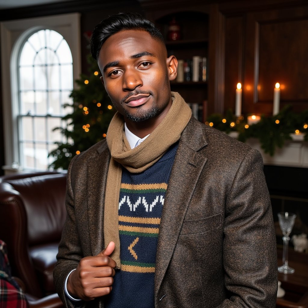 Man standing near a mullioned window, body angled 30° from camera, eyes to lens, calm expression. Hairstyle: side-part with light pomade, neatly trimmed beard. Attire: heritage Fair Isle wool sweater layered over an Oxford shirt; tweed sport coat draped over shoulders; wool scarf loosely looped. Fabric details: jacquard knit definition, tweed herringbone, oxford weave. Camera: slightly above eye-level, 50mm, f/2.2. Lighting: cool daylight key through window + warm bounce from room for mixed-temperature holiday glow. Background: blurred evergreen boughs, leather-bound books, subtle tartan throw on a chair; minimal objects, no clutter. Pose: one hand lightly touching scarf edge. Render: highly detailed, highly realistic, HDR; crisp knit pattern; lifelike eye catchlights.