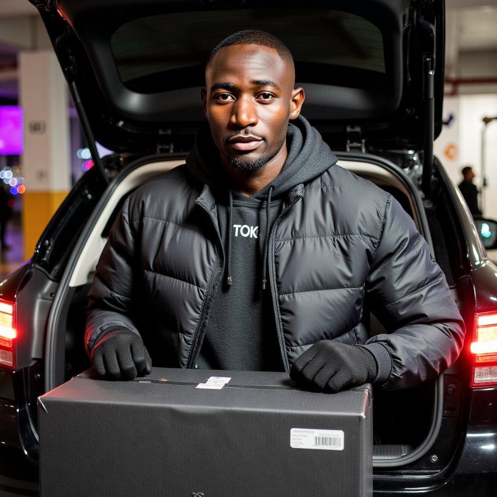 A man (male) waist-up at an open trunk in a dim parking garage, hands resting on a matte black shipping box with a discrete barcode label. Hairstyle: close buzz cut; grooming: clean stubble. Attire: charcoal ripstop tech hoodie under a black quilted puffer with micro-ripples; fingerless knit gloves. Pose: square to camera, steady gaze, slight forward lean; still. Camera: 35mm, f/2, slight low angle for presence. Lighting: moody cyan key gel from camera left, magenta rim from tail lights right, subtle ambient sodium overhead; crisp catchlight on eyes. Background: soft bokeh brake lights and concrete pillars, painted directional arrows; minimal clutter. Texture detail: ripstop grid, zipper teeth, quilt baffles, corrugated box edges. Highly detailed, highly realistic, HDR, high resolution.