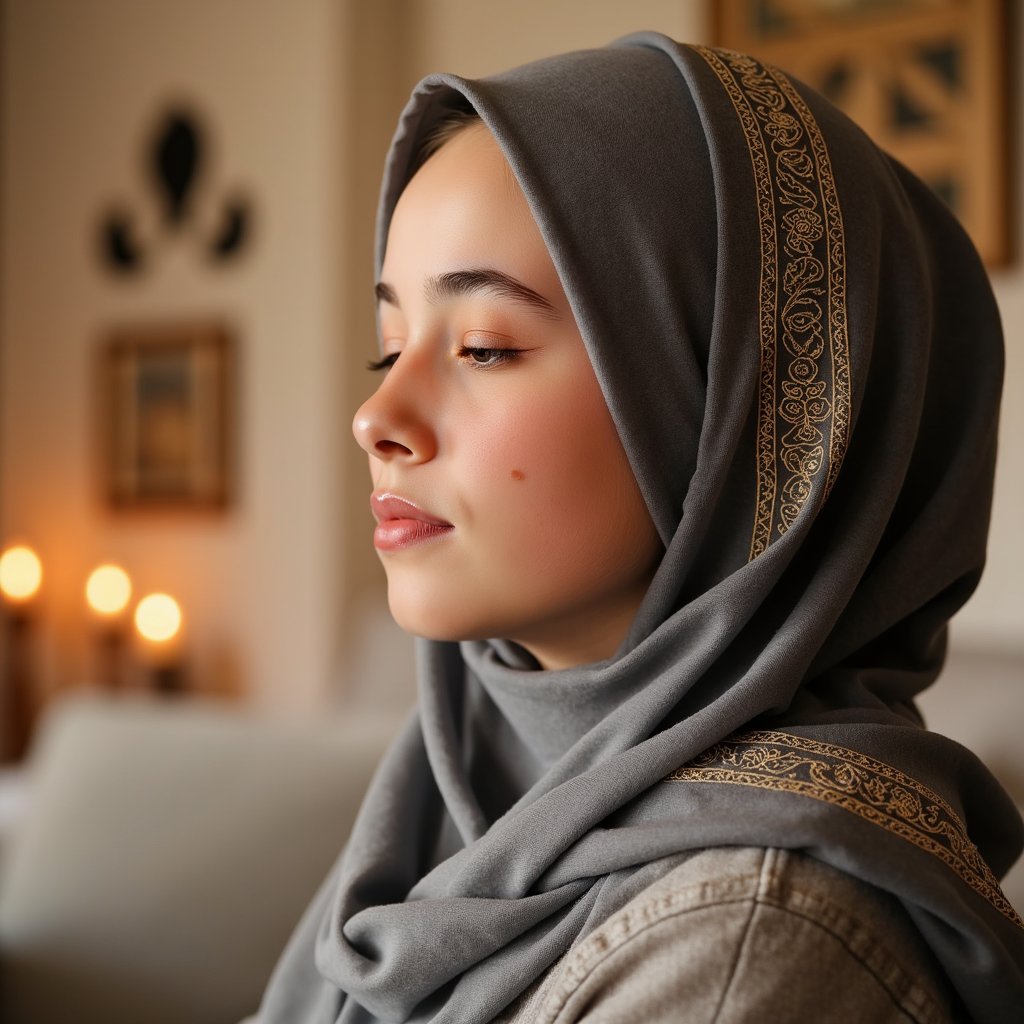 Close-up headshot of a woman in an elegant hijab with gold embroidery, eyes closed in reflection, soft background lights resembling Mawlid night ambiance