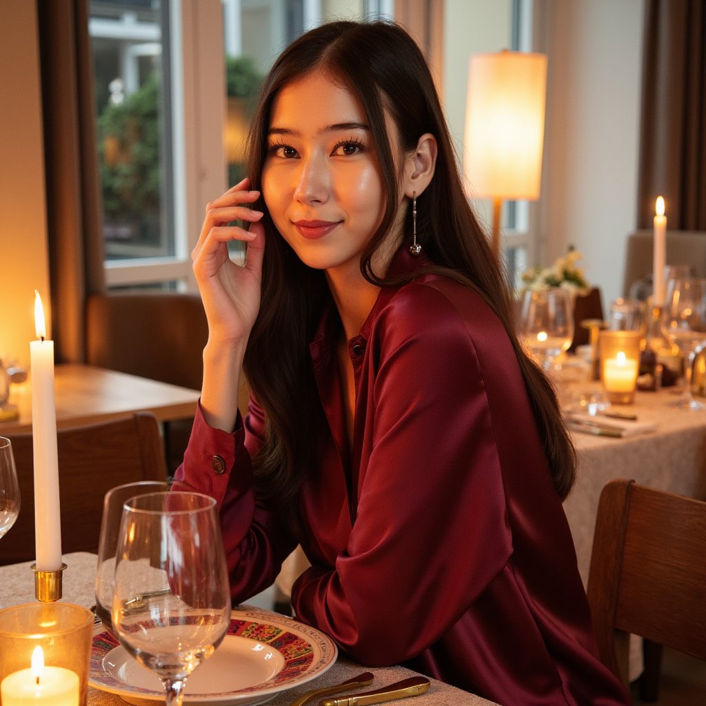 Highly detailed, highly realistic, hyperrealistic HDR portrait of a woman (female, ~34 yrs) seated waist-up at a Thanksgiving dinner table illuminated by soft candlelight. She wears a deep wine-colored satin blouse with subtle folds and sheen. Her hair is styled in gentle loose waves, falling naturally around her shoulders. The camera is at eye level, focusing sharply on her calm smile and relaxed posture, with a shallow depth of field blurring the dinner setting behind — faint shapes of plates, a flickering candle, and golden cutlery. Warm amber light from the candles creates reflections on glassware and highlights in her eyes. The atmosphere feels cozy, cinematic, and elegant. HDR, high resolution, high quality, highly detailed, photorealistic.