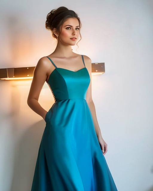Stunning woman, multi-colored gown, plain wall, professional shot.