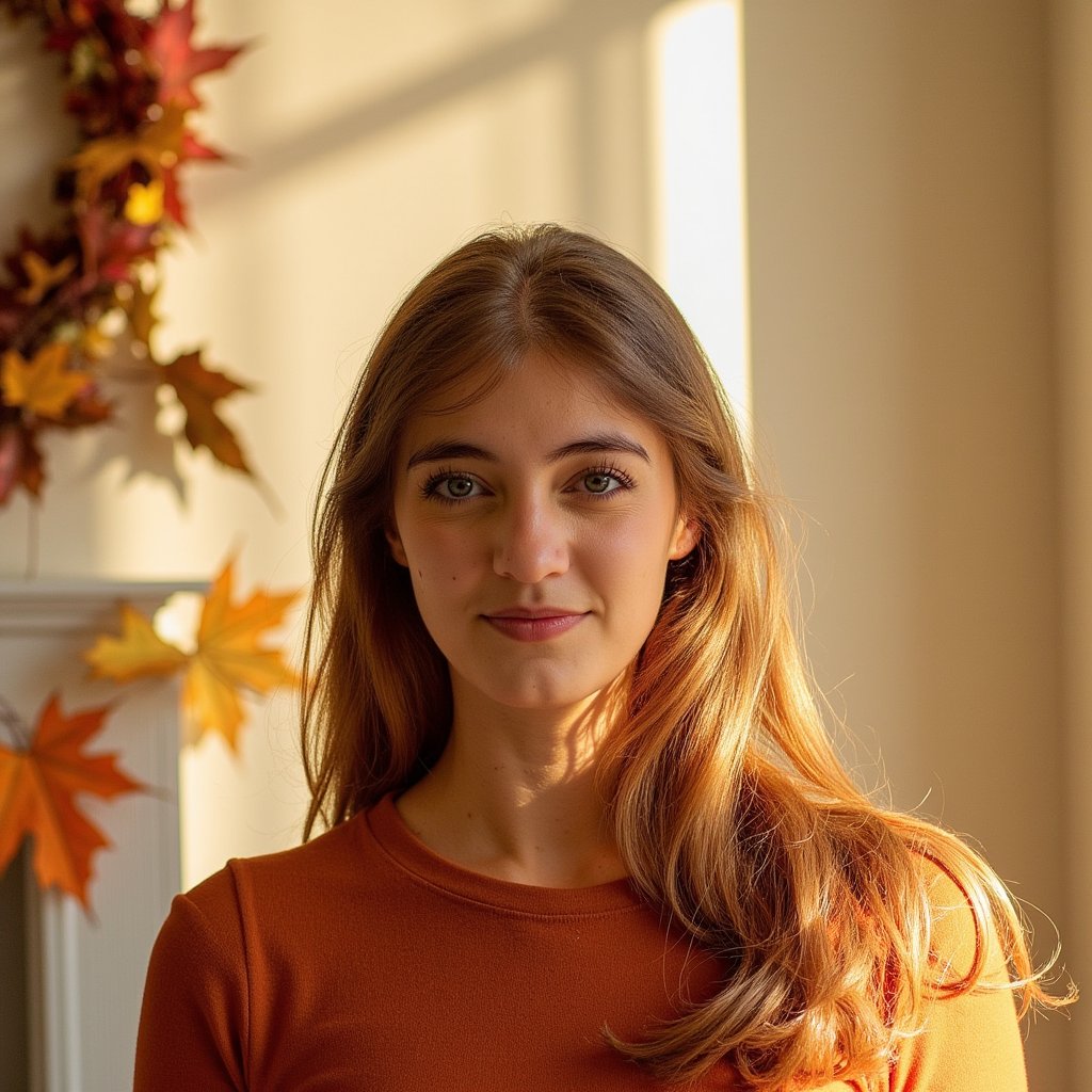 woman in soft autumn outfit, surrounded by warm golden light and seasonal tones, calm and joyful Thanksgiving ambiance with hints of a home setting and fall elements, HDR, high resolution, highly detailed