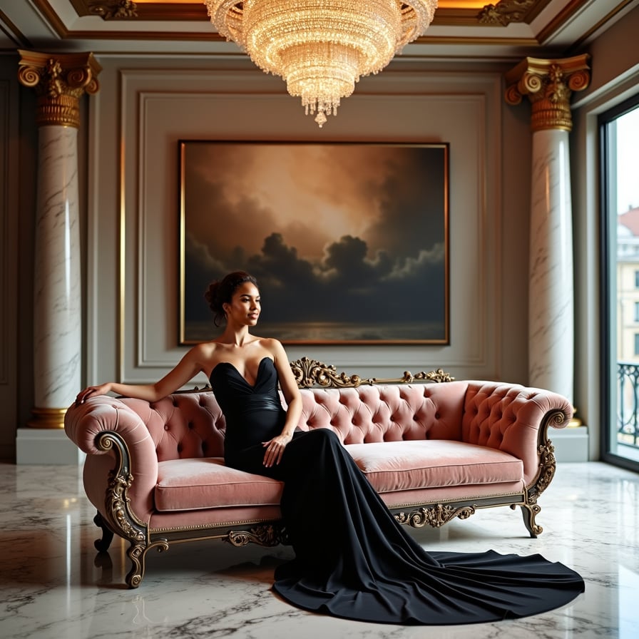 Elegant woman in gown, penthouse, opulent living room.