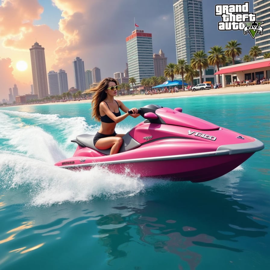 A high-speed jet ski police chase through neon-lit canals at midnight in Vice City — cinematic, storm clouds gathering, water splashing dramatically