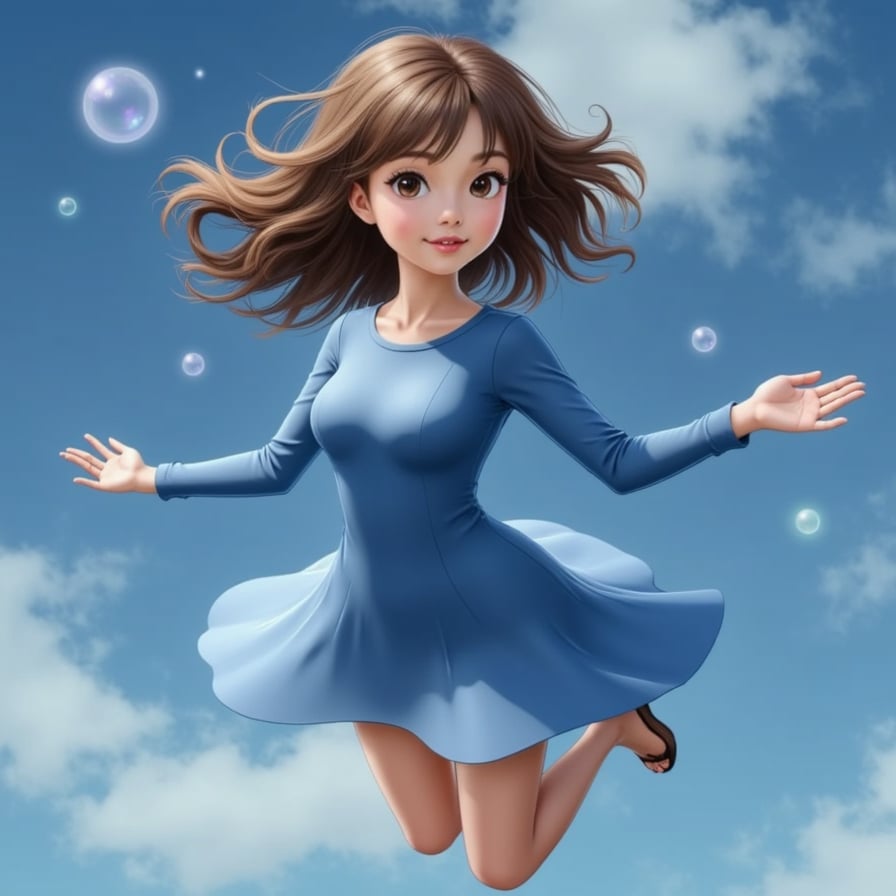 girl in a blue dress, with a gentle, serene expression, floating in mid-air, surrounded by soft, glowing orbs of light and wispy, feathery clouds, against a dreamy, sky blue background, with a subtle, gradient effect to convey a sense of weightlessness and ethereal beauty.