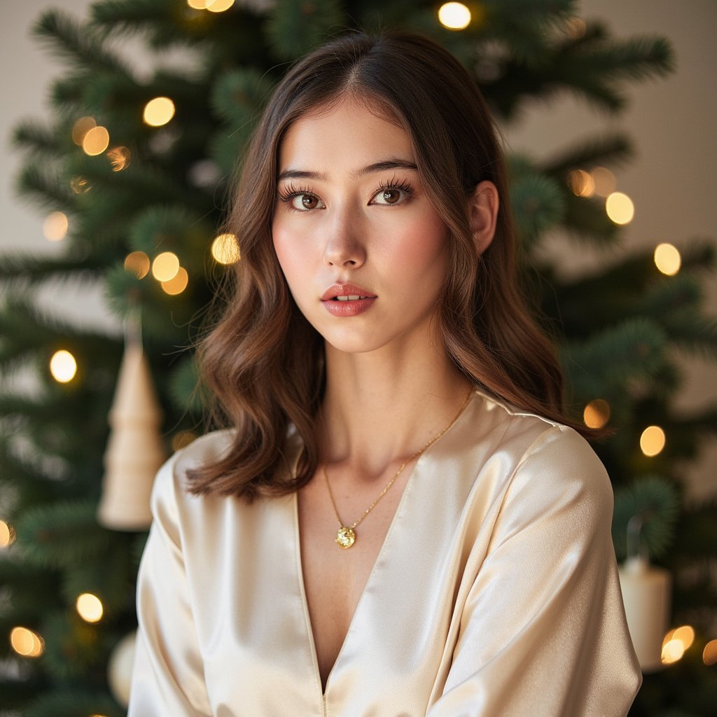Head-and-shoulders portrait of a woman against a clean, elegant evergreen backdrop decorated with tiny warm fairy lights. She faces the camera calmly with a serene, Christmas-card expression. She wears a cream satin blouse with soft sheen and a gold pendant necklace.
Hair: voluminous soft curls parted to one side.
Makeup: holiday glam—soft shimmer eyeshadow, long curled lashes, warm pink lipstick.
Lighting: balanced beauty softbox from the front with a gentle hair-light from above to define curls.
Background: dark green pine branches with gentle glowing bokeh; minimal clutter, clean composition.
Camera: 85mm f/2.2; highly detailed, highly realistic, HDR, showing satin shine, hair texture, and precise bokeh.