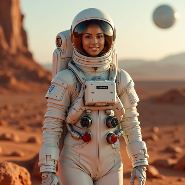 woman wearing a sleek white spacesuit, Mars landscape background with red planet terrain and dust storms, constructing a futuristic habitat module, with tools and components scattered around her, confident pose with a sense of determination and pioneering spirit.