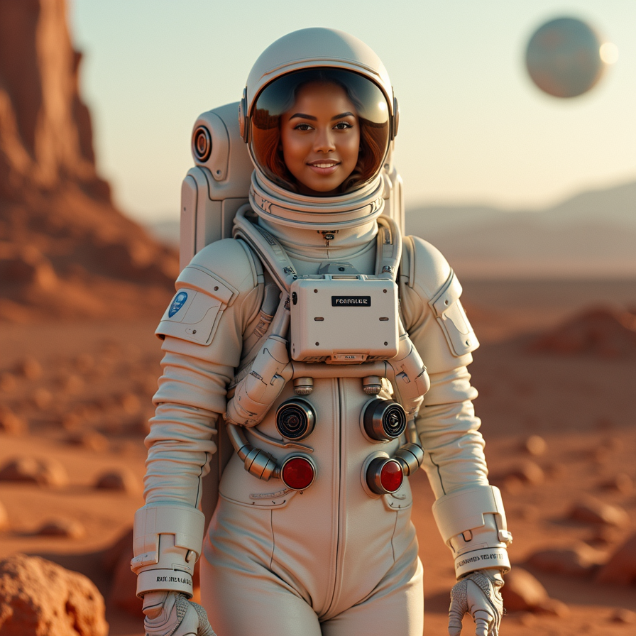 woman wearing a sleek white spacesuit, Mars landscape background with red planet