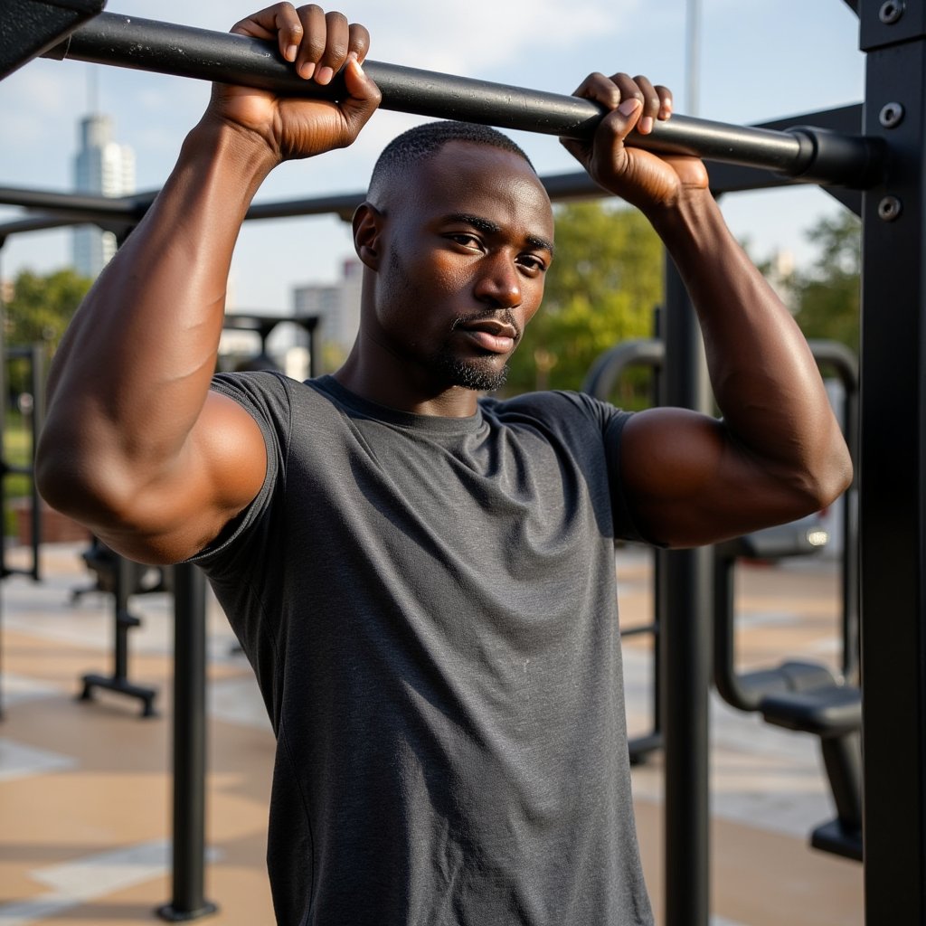 Man at the top of an overhand pull-up on a matte-black bar in a city calisthenics park; short textured crop haircut, light beard, concentrated expression; wearing a charcoal moisture-wicking tee (slight heathered pattern), tapered training joggers, and minimalist trainers; standard overhand grip with chalk residue (no finger interlocking); low angle looking slightly up, 28mm, f/2.8, 1/1000, ISO 200 to freeze motion; late afternoon sun as warm backlight creating rim along shoulders, open sky as cool fill; background of trees and skyline rendered as creamy bokeh, minimal clutter; skin pores, forearm veins, chalk dust, and bar knurling sharply defined; highly detailed, highly realistic, HDR.