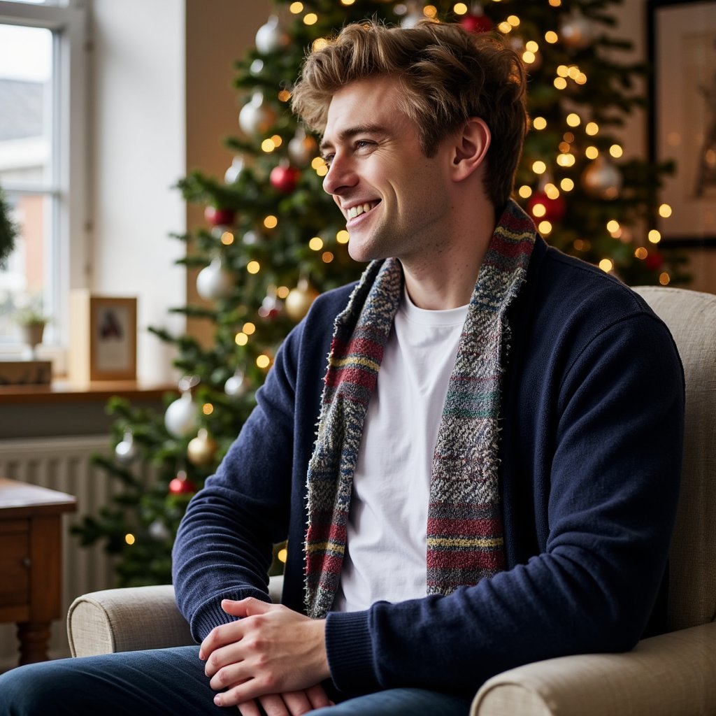 Waist-up side-profile portrait of a man seated on an armchair near a tastefully decorated Christmas tree; he looks slightly past camera, posture relaxed, hands resting together. Wardrobe: navy merino cardigan with horn buttons over a white tee; textured tweed scarf draped loosely (visible herringbone). Hair: medium length, brushed back; neatly trimmed beard. Lighting: practical fairy-light key from the tree plus a soft window fill, creating warm highlights and cool shadows; faint kicker on the scarf edge. Background: tree ornaments in buttery bokeh (gold, glass, a few tartan touches), otherwise minimal clutter. Camera: 70–200mm at ~135mm, f/2.5, slightly lower-than-eye-level angle to feel stately; highly realistic, highly detailed, HDR; knit and tweed weave sharply rendered; composed, still mood.