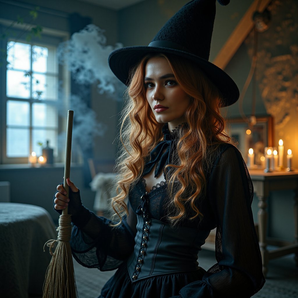 Full-body shot with slight Dutch tilt, 28 mm, f/2.8, ISO 1000, 1/80 s. Primary light: moonbeam entering from the attic window behind her, creating a cool rim along her copper curls and tall felt hat, leaving most of her face in partial shadow. Warm fill from a small candle cluster reveals the texture of her corseted bodice and layered tulle skirt without brightening the darker corners of the frame. Dust motes are visible in the moonlight beam. Depth of field moderate — her face, broom, and near floor in focus, the back wall blurred. Highly detailed, highly realistic, HDR.