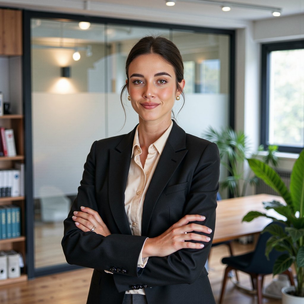 Medium portrait of a female corporate lawyer wearing a tailored black blazer over a cream blouse with satin sheen, delicate gold stud earrings; hair in a tidy low bun with flyaway strands subtly visible; camera slightly above eye level, 50mm, f/2.2; soft daylight mixed with cool overhead office practicals, gentle catchlights; arms crossed, posture straight; background is a glass-walled conference room with frosted panels, contract folders out of focus; minimal clutter, highly detailed, highly realistic, HDR.