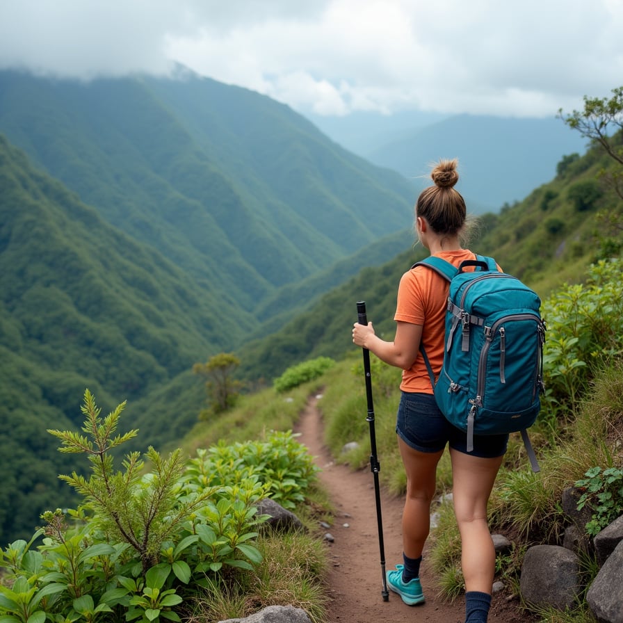 woman hiking on a scenic mountain trail, surrounded by lush greenery and rugged rocks, wearing a functional backpack and holding a hiking stick, against a breathtaking mountain landscape