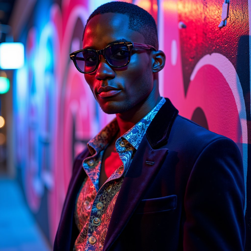 Tight headshot of a male model wearing reflective black sunglasses, slight facial stubble, and glossy skin. Standing against a neon graffiti wall softly blurred. Side-lit in blue and pink hues. Wet skin highlights visible, realistic stubble and facial pores captured sharply.