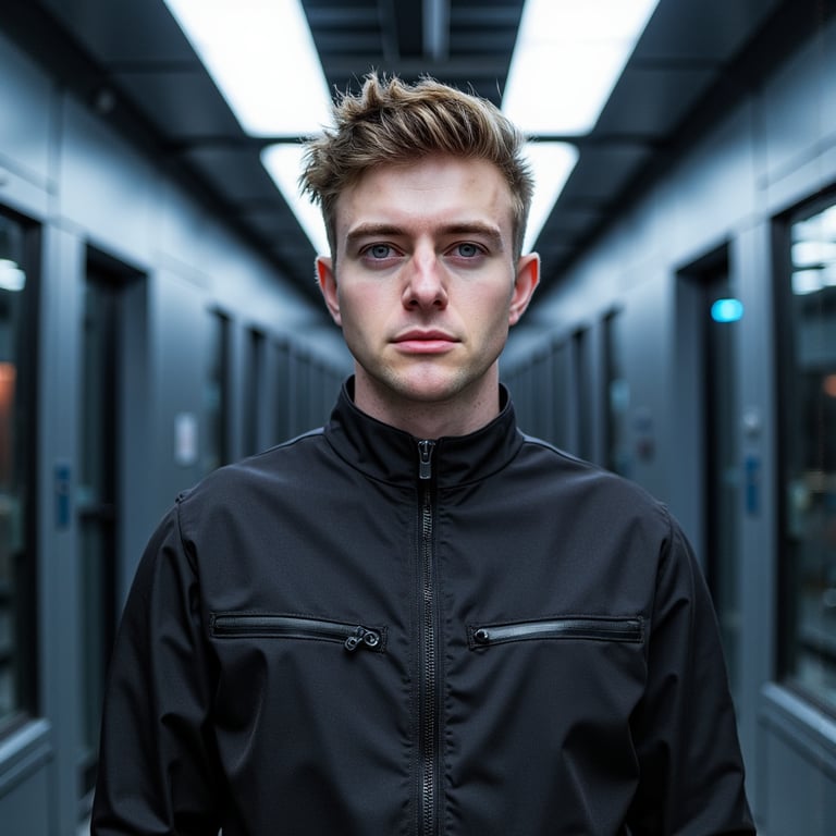 A cinematic futuristic portrait of a man (early 30s) standing still in a minimal