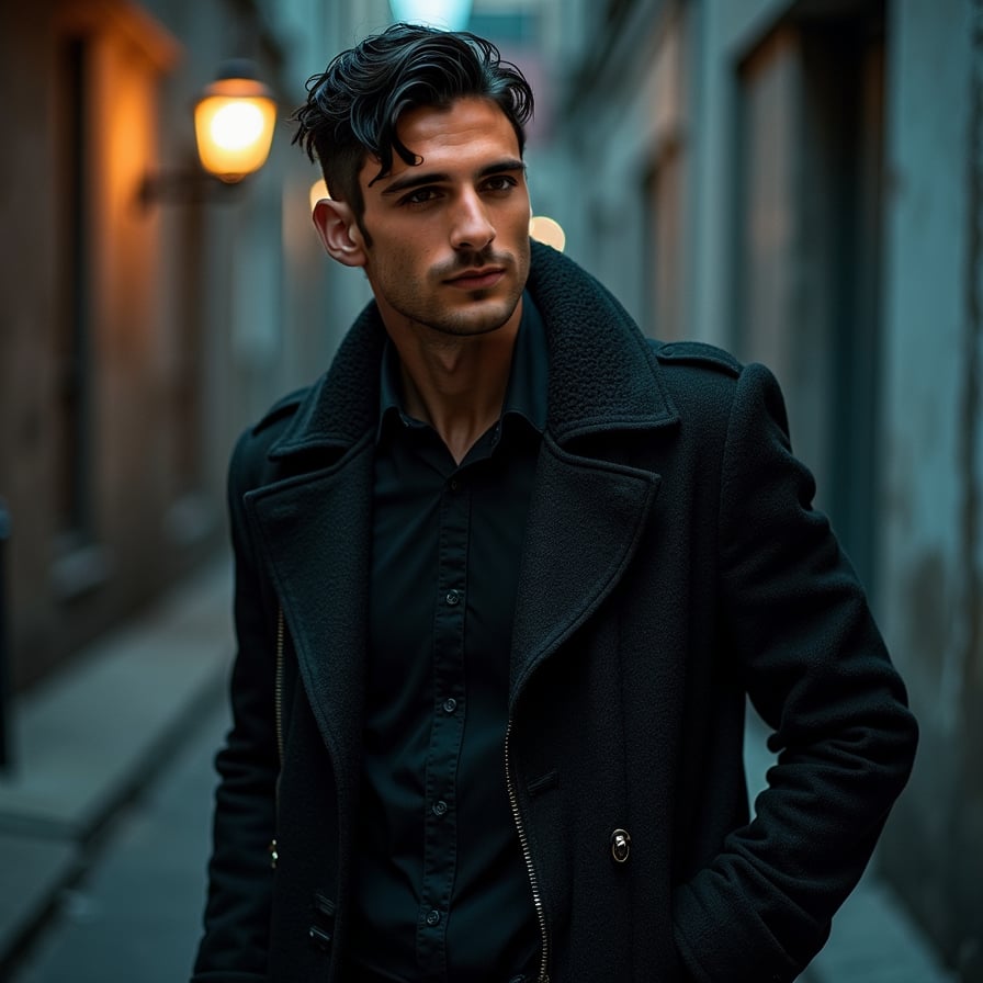 man with a strong artistic vibe. He is styled in dark, textured clothing, with dramatic lighting creating shadows and depth. The background is moody and urban, showcasing an air of mystery and creativity
