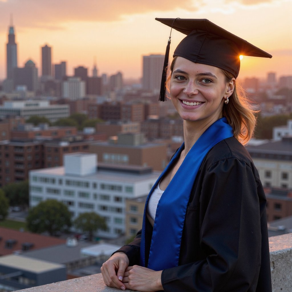 Waist-up portrait of a woman graduate on a campus rooftop overlooking a city skyline at sunset; soft warm light hitting her profile; she wears a black gown, royal-blue satin stole, mortarboard removed and held loosely in one hand near her waist; hair in soft low ponytail, strands catching backlight; camera at 45° angle to her left side, 105 mm lens, f/2, golden-hour lighting; background: blurred orange-pink sky, silhouetted buildings, subtle lens flare; rich details: fabric highlights, rim light around hair, realistic shadow gradients; serene cinematic mood, highly detailed, highly realistic, HDR.