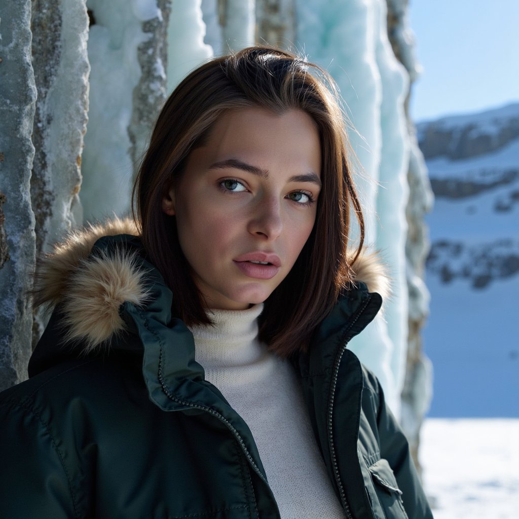 A highly realistic, ultra-detailed HDR waist-up winter portrait of a woman standing near the base of a tall snowy cliff. Camera angle: slightly low, 35mm lens.
She wears a dark forest-green parka with a faux-fur hood, the fur holding clusters of detailed snow crystals. Underneath, a cream wool sweater with ribbed texture peeks out.
Her dark brown hair is partially tucked into the hood but loose enough to show individual strands moving slightly with wind.
Lighting: dramatic cold backlight from the snow-covered cliff face, creating a glowing rim-light around her hair and coat, combined with softer front fill-light from reflected snow.
Facial details: visible pores, cold-weather blush, slightly parted lips showing soft condensation in breath.
Background: towering icy cliff fading into soft blur, snow blowing diagonally through frame for dynamic atmosphere.