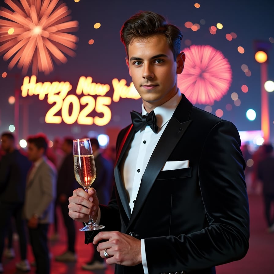 A man in a sleek black tuxedo, holding a glass of champagne, standing against a backdrop of glittering lights and a "Happy New Year 2025" banner, smiling confidently at the camera