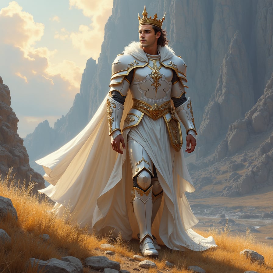 Paladin in white armor, golden hour, fantasy landscape.