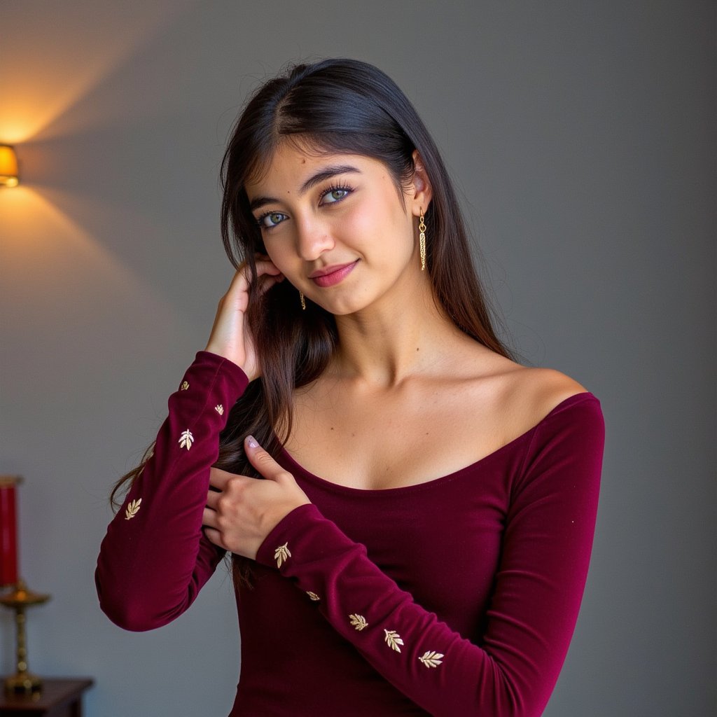 Highly detailed and highly realistic HDR image of a young Latina woman (female, ~30 yrs) captured waist-up in a studio environment. Camera angle slightly low (looking up ~5°) to emphasise confident pose. She wears a deep burgundy velvet dress with off-shoulder neckline and subtle gold embroidery on the cuffs, and long dangling gold leaf earrings. Her hair is jet-black, straight and sleek, parted in the middle, falling just past her shoulders. Studio lighting: three-point lighting setup — key light softbox front left, fill light soft and dim front right, hair light from above to create separation; background is solid charcoal-grey, minimal clutter, slightly faded vignette. Her pose: right hand gently resting on left upper arm, left arm relaxed; facial expression is warm with soft smile, dimples visible. Skin tones are rich and even, texture visible (pores, slight sheen on high cheekbones). The velvet dress fabric shows pile texture catching light, subtle folds across torso. The background is out-of-focus solid colour, no visible props. The image gives elegant celebration-ready Thanksgiving style.