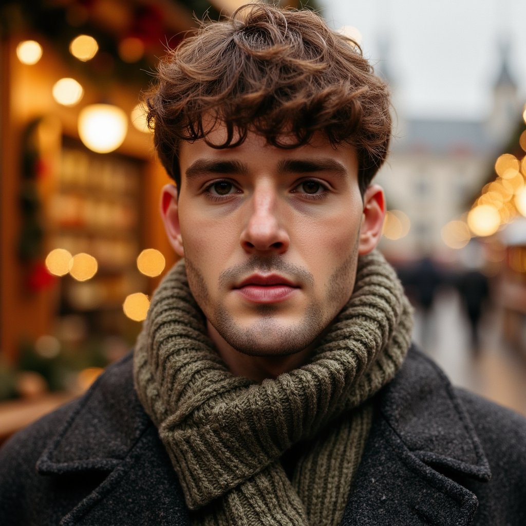 Head-and-shoulders portrait of a man at a Christmas market, framed slightly off-center. He wears a charcoal wool peacoat and a textured olive knit scarf wrapped neatly.
Hair: styled with matte texture; short beard with crisp definition.
Lighting: warm market stall lights from behind creating golden rim light, with soft diffused key from the front.
Background: blurred warm bokeh from market booths and string lights—no clutter, clean, inviting glow.
Camera: 50mm f/1.6; highly realistic, highly detailed, HDR, revealing wool fibers, scarf stitching, and rich market light.