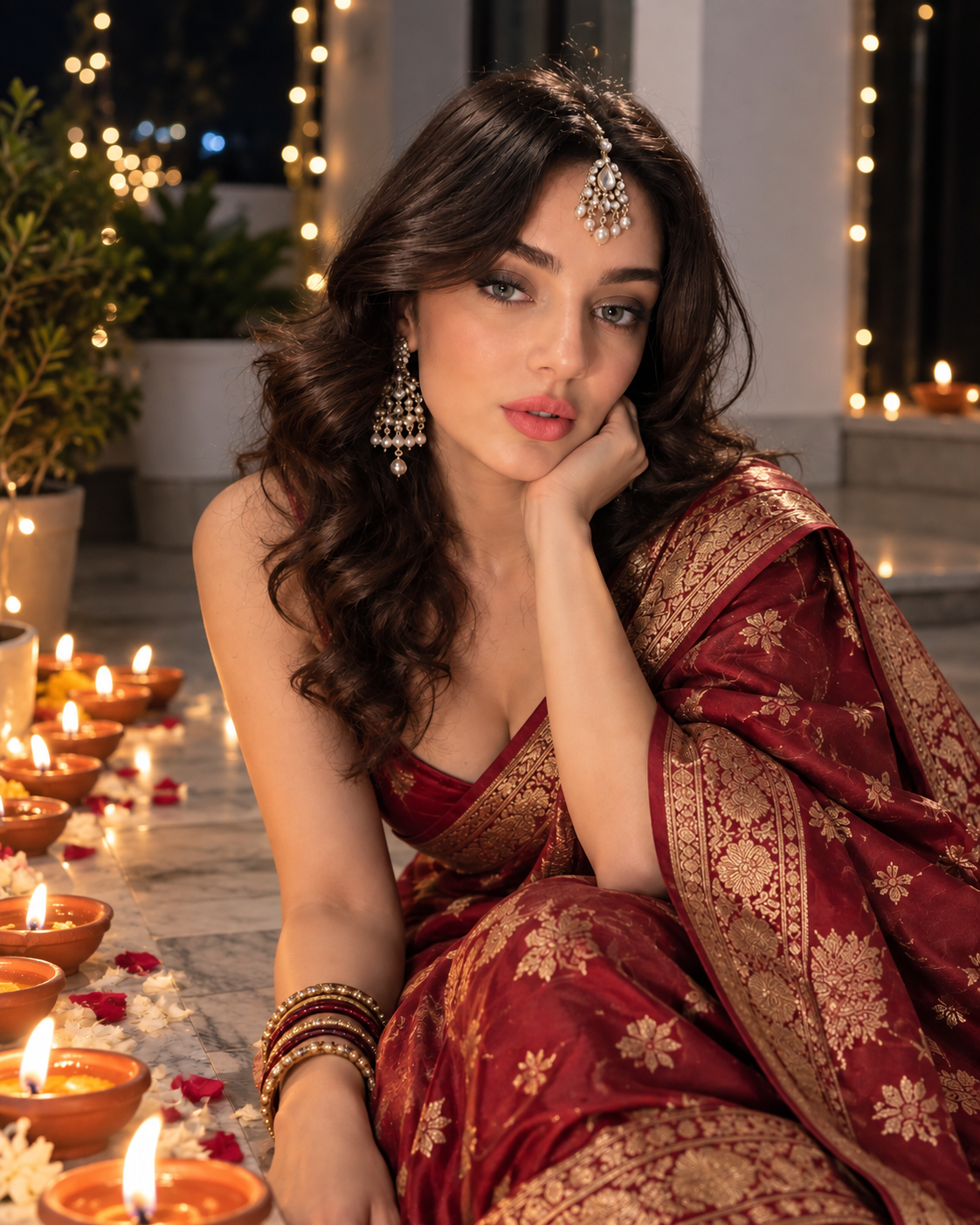 AI Diwali portrait of a woman in a red Banarasi saree lit by clay diyas with natural skin tones