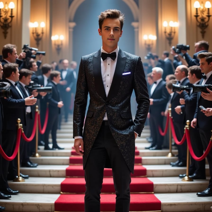 A futuristic tuxedo with metallic textures and LED accents, inspired by cyberpunk fashion, worn by a confident male model on the Met Gala red carpet.